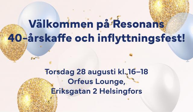 Ljusröd bakgrund med blåa och guldfärgade ballonger längs sidorna och konfetti i mitten. Text som lyder 